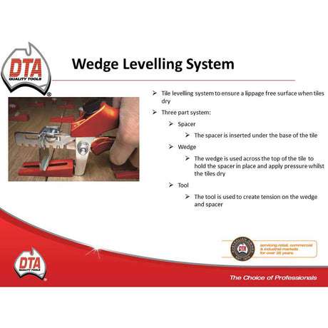 Advertisement for DTA Wedge Levelling System with tool and text on a white background