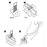 Diagram of DTA parts including a spacer, cap, and other components with a shoe illustration.