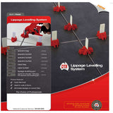 Lippage Levelling System with red and white components on a black surface, featuring DTA branding.