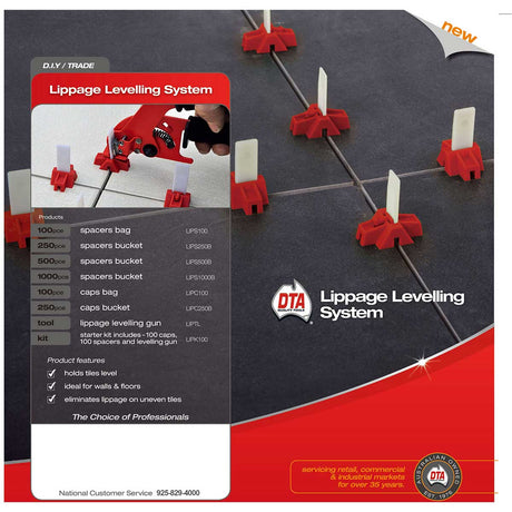Lippage Levelling System with red and white components on a black surface, featuring DTA branding.