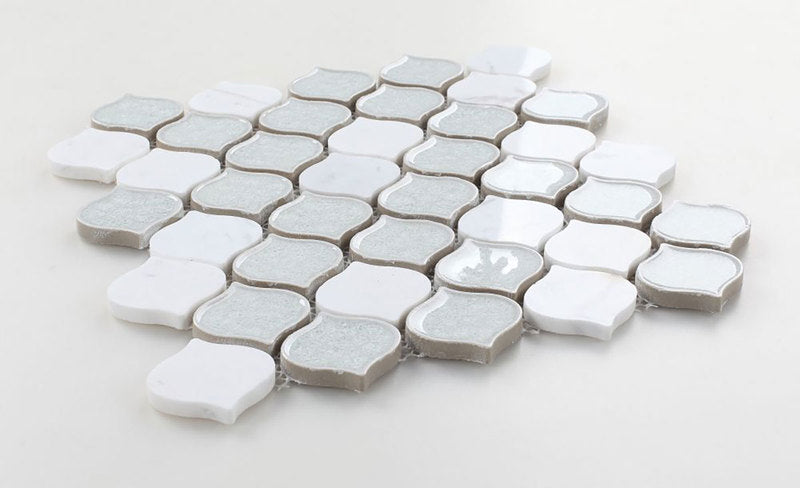 Mosaic Crackle Glass and Marble Tile Arabesque Shape - Carrara