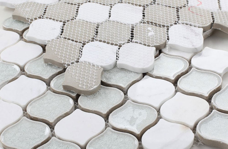 Mosaic Crackle Glass and Marble Tile Arabesque Shape - Carrara