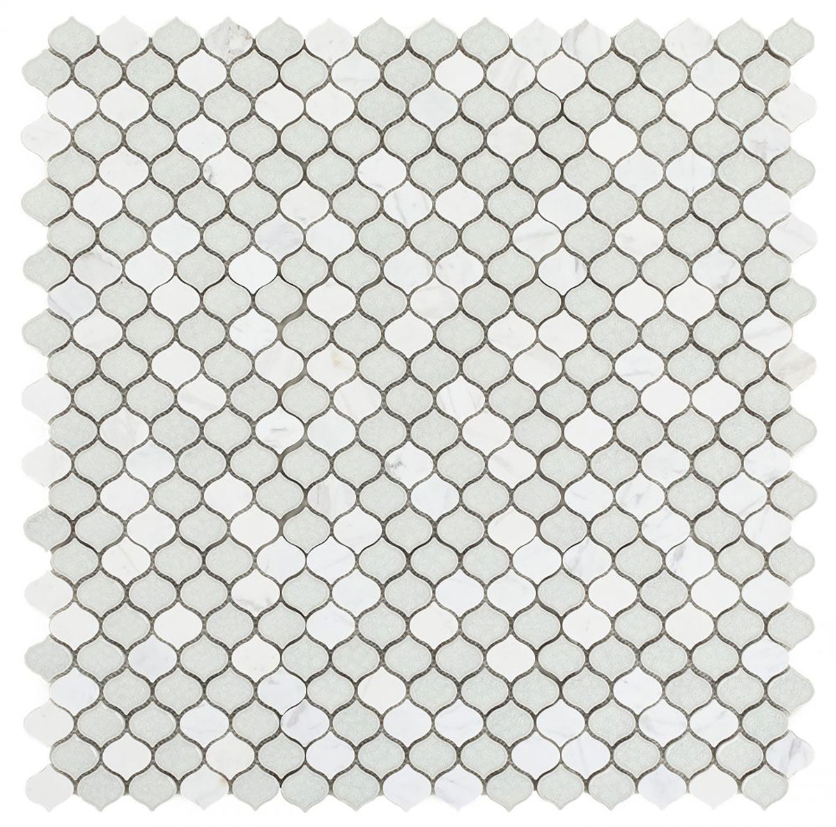 Mosaic Crackle Glass and Marble Tile Arabesque Shape - Carrara