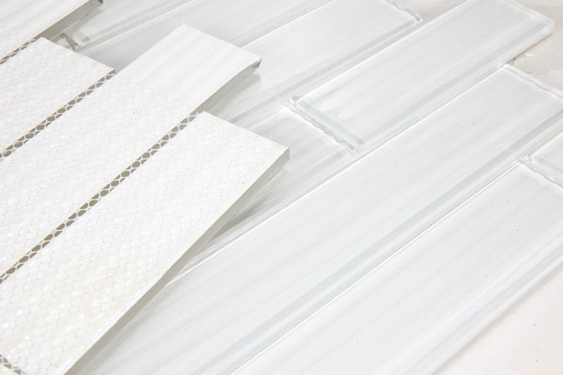 Mosaic Linear Glass Tiles Silver White 2 x 6
