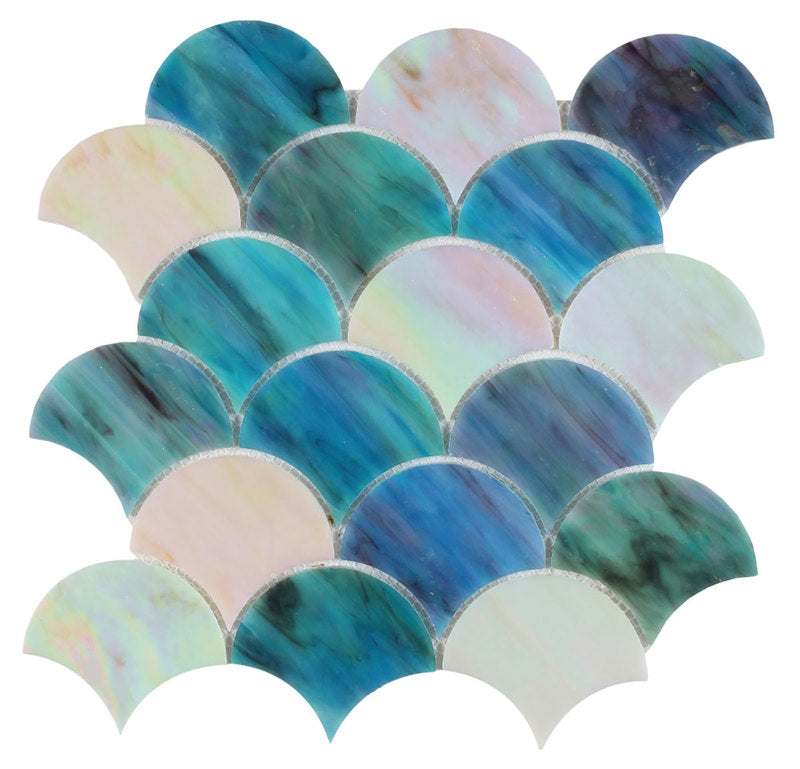 Mosaic Glass Tile Fish Scale Shape - Green Sky