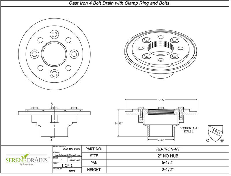 Quartz Cast Iron 4 Bolt Drain Base with Rubber Fitting