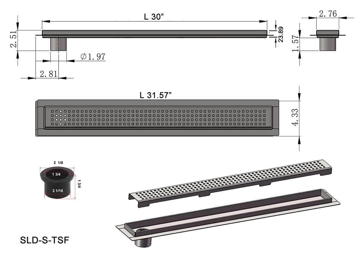 SereneDrains Linear Shower Drain Offset Outlet Square - Brushed 30