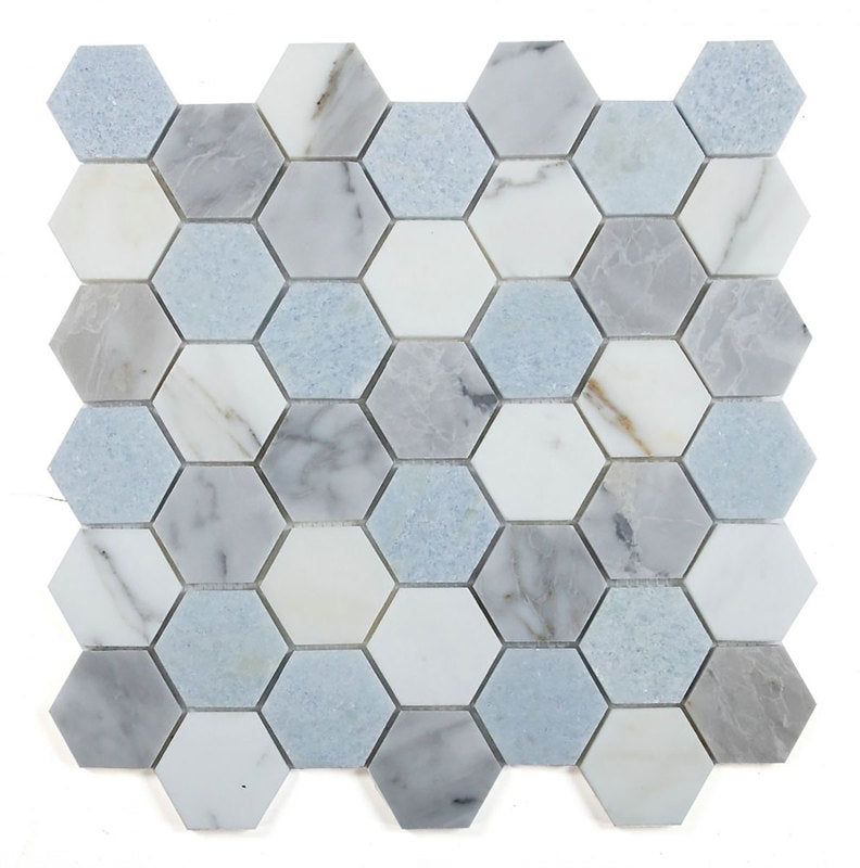 Mosaics Marble Carrara Hexagon - River Blue