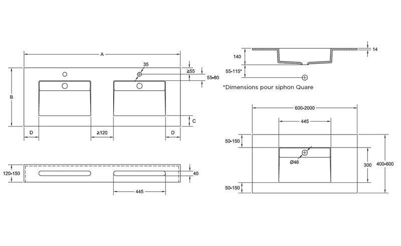 Quare Design Cosmopolitan Countertop Double Sink 60 x 22