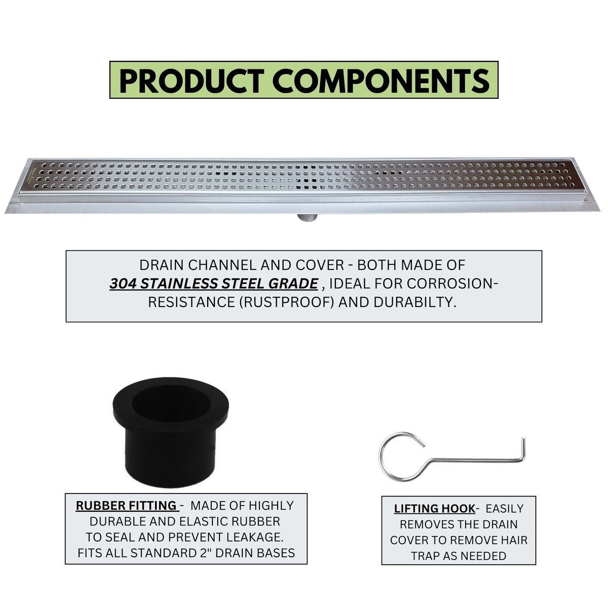 SereneDrains Linear Shower Drain Traditional Square - Brushed 16