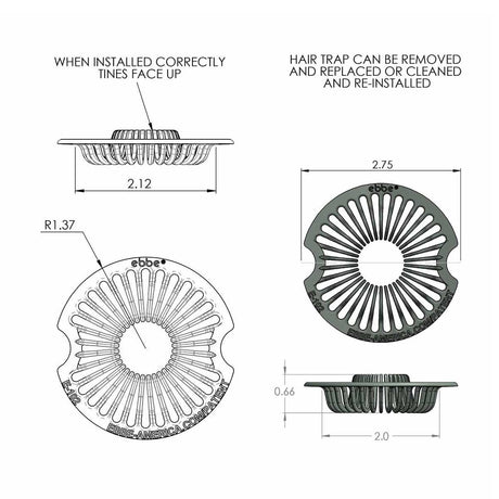 Ebbe E102 universal hair trap dimensions and specifications