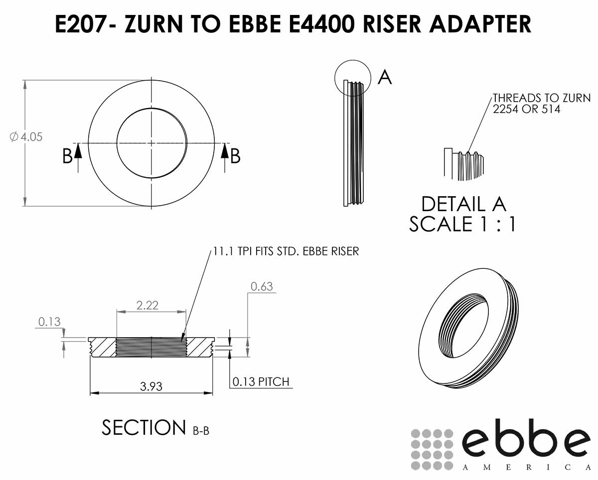 Technical drawing of a Zurn to Ebbe E4400 riser adapter with dimensions and details.