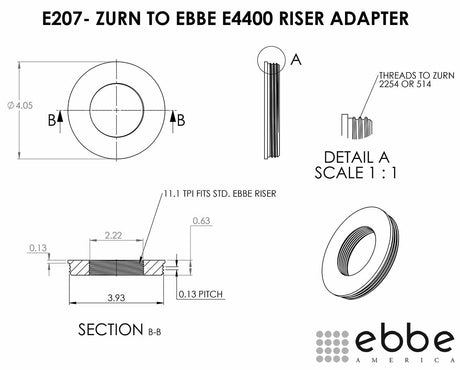 Technical drawing of a Zurn to Ebbe E4400 riser adapter with dimensions and details.