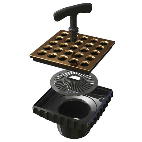 Ebbe Pro Square Shower Drain in Gold finish with handle Hair Trap and Ebbe drain body on a tiled floor