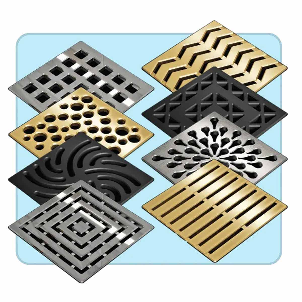 Collection Ebbe Drains Unique Square Shower Drain Grate in various designs on a light blue background