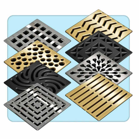 Collection Ebbe Drains Unique Square Shower Drain Grate in various designs on a light blue background