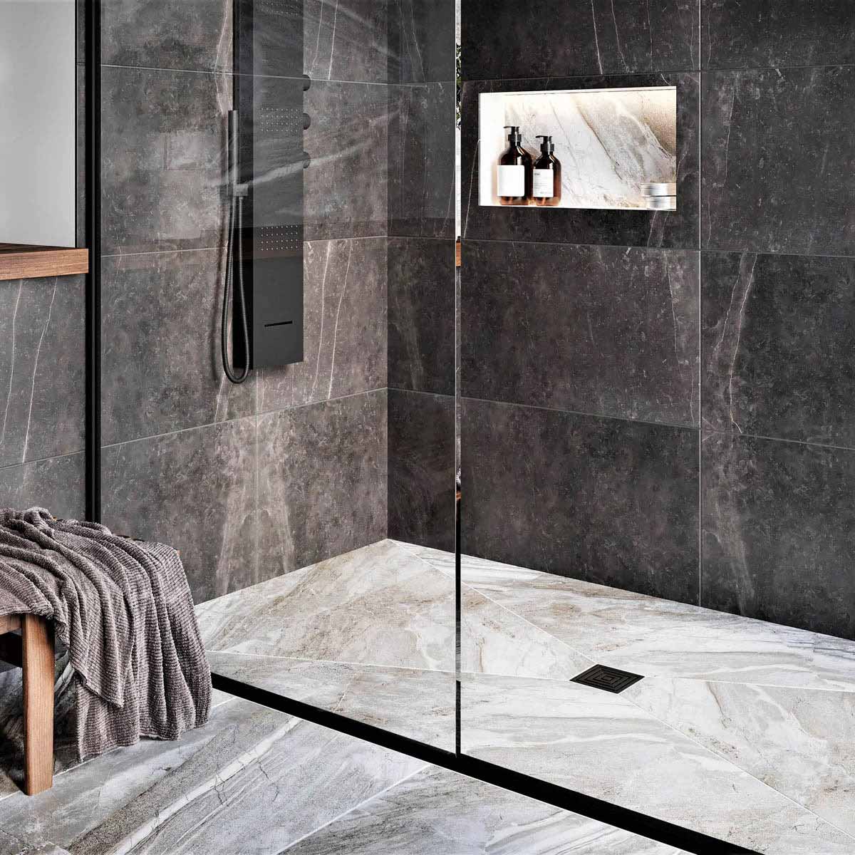 Modern bathroom with glass shower enclosure, Black wall tiles, and Black fixtures with Ebbe Drains Unique Square Shower Drain Grate - Frames