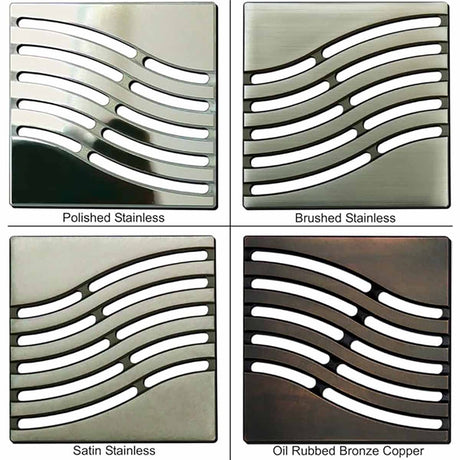 Ebbe Drains Unique Square Shower Drain Grate - Tsunami Four stainless steel grates with different finishes: Polished, Brushed, Satin, and Oil Rubbed Bronze Copper.