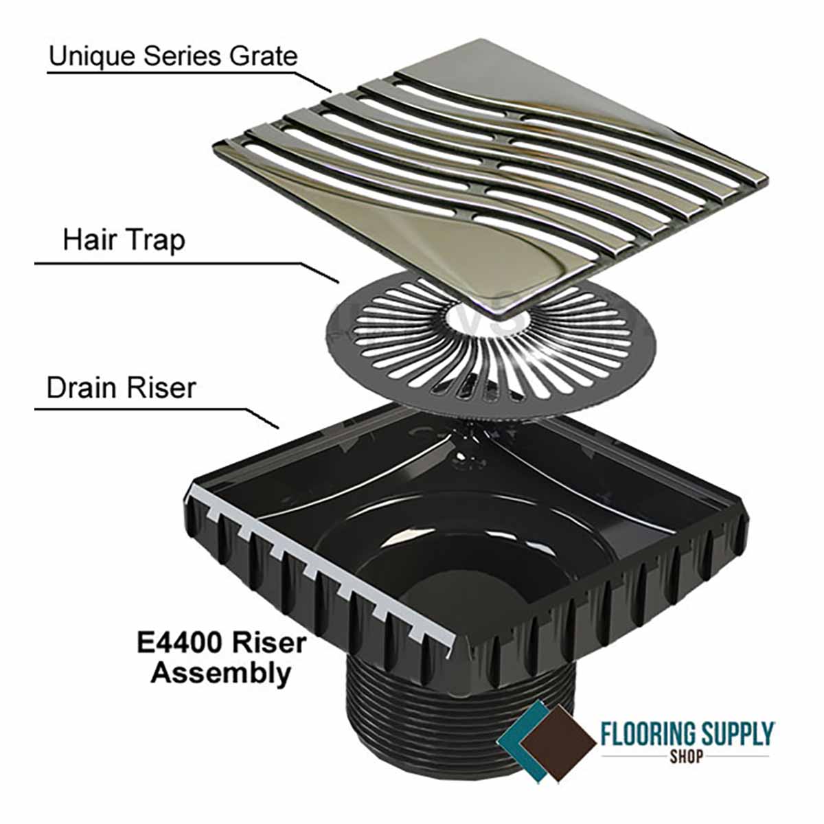 Diagram of a Ebbe Drains Unique Square Shower Drain Grate - Tsunami