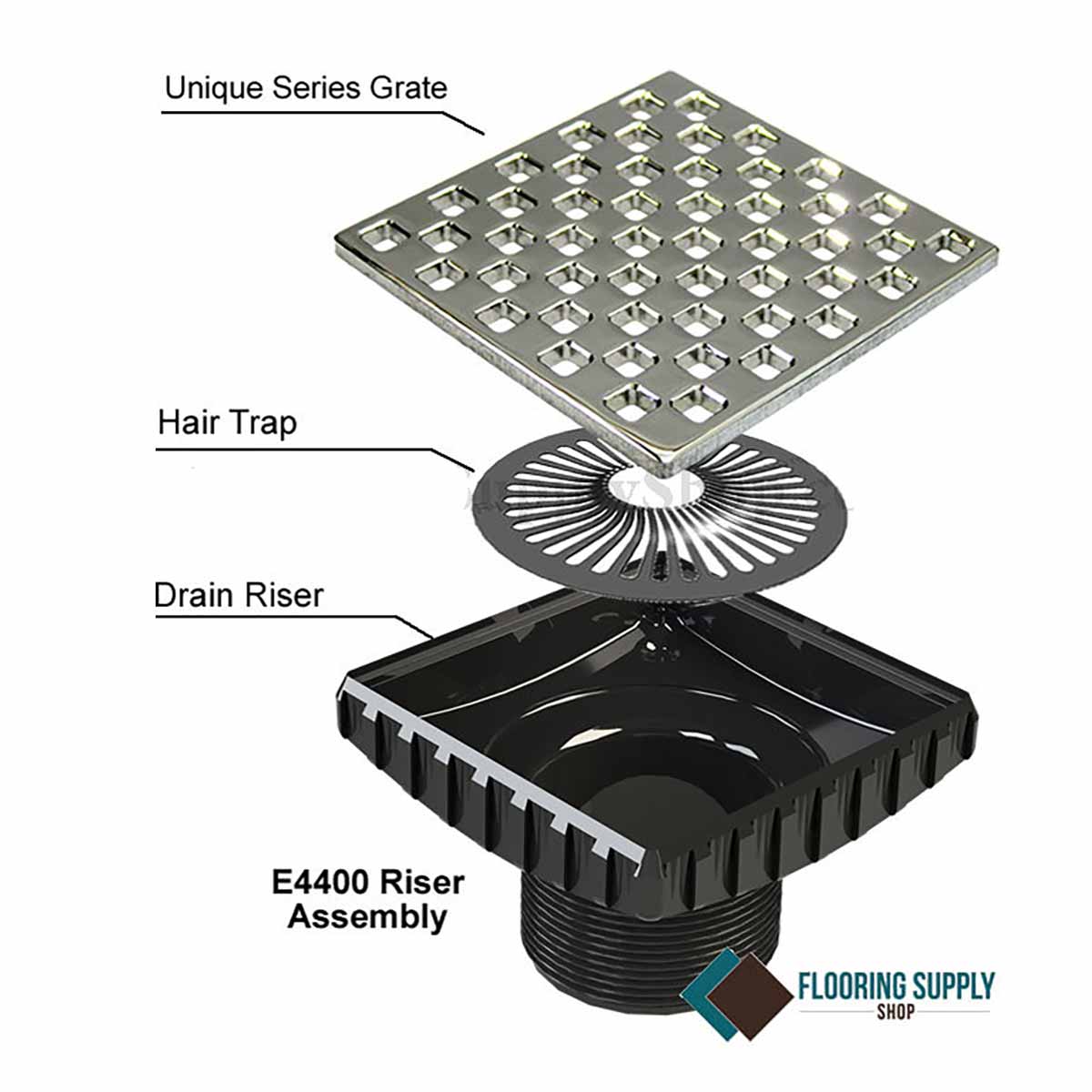 Diagram of Ebbe Drains Unique Square Shower Drain Grate - Weave assembly with labeled parts on a white background.