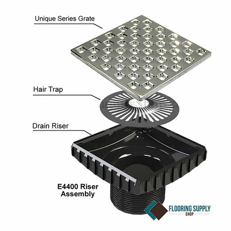Diagram of Ebbe Drains Unique Square Shower Drain Grate - Weave assembly with labeled parts on a white background.