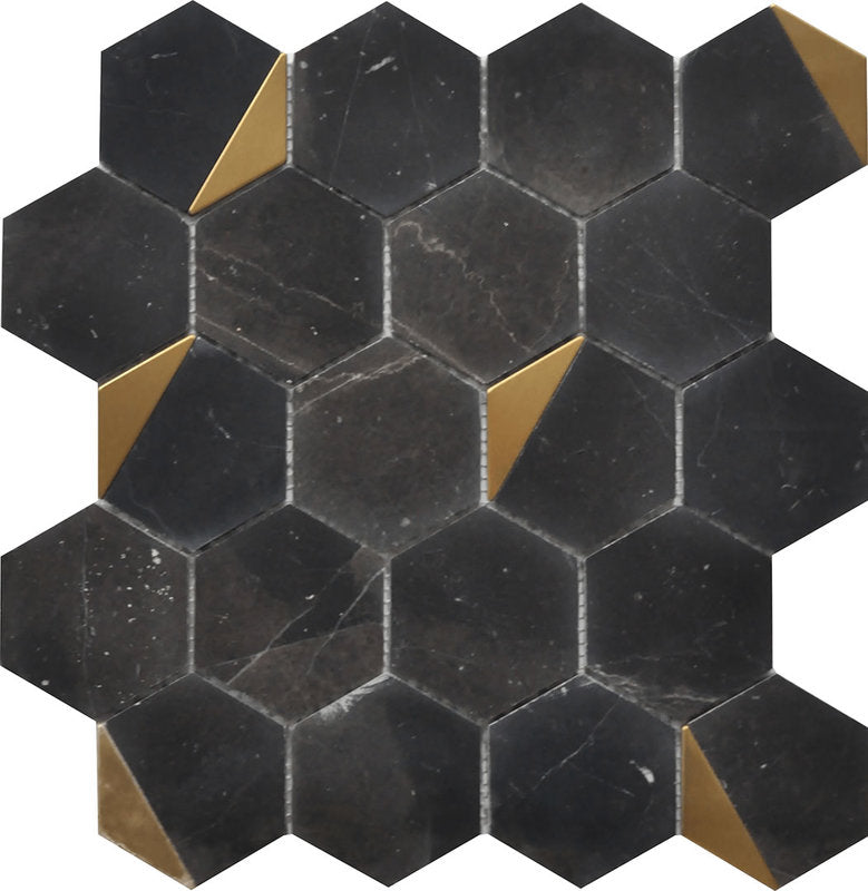 Mosaic Hexagon Nero Marquina Marble with Metal - Black Gold