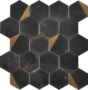 Mosaic Hexagon Nero Marquina Marble with Metal - Black Gold
