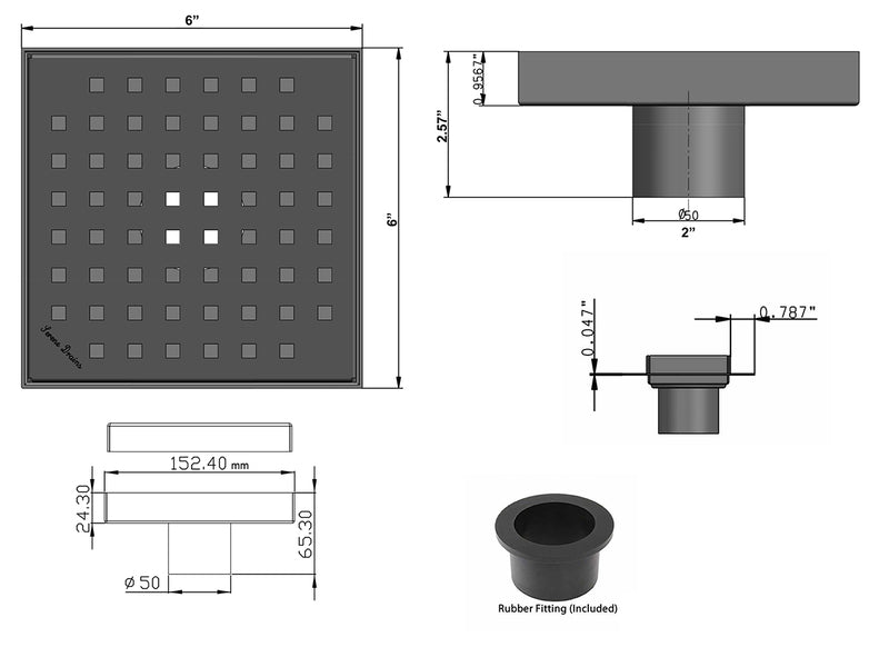 SereneDrains Square Shower Drain Traditional Square 6 BN