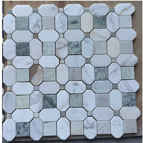 Spring honed marble mosaic tile 12x12 with Calacatta Gold and Ming Green marble