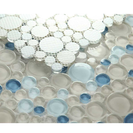 Circular glass backsplash tile in blue and grey polished finish