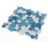 Circular glass backsplash tile in ocean blue and white finish