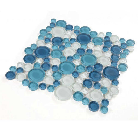 Circular glass backsplash tile in ocean blue and white finish