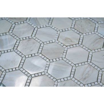 White marble hexagon tile with natural beige veining for bathroom floor