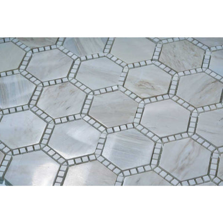 White marble hexagon tile with natural beige veining for bathroom floor