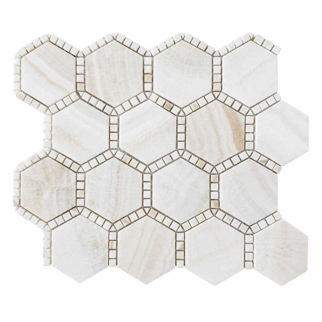 Onyx Ivory hexagon marble mosaic tile with honed finish