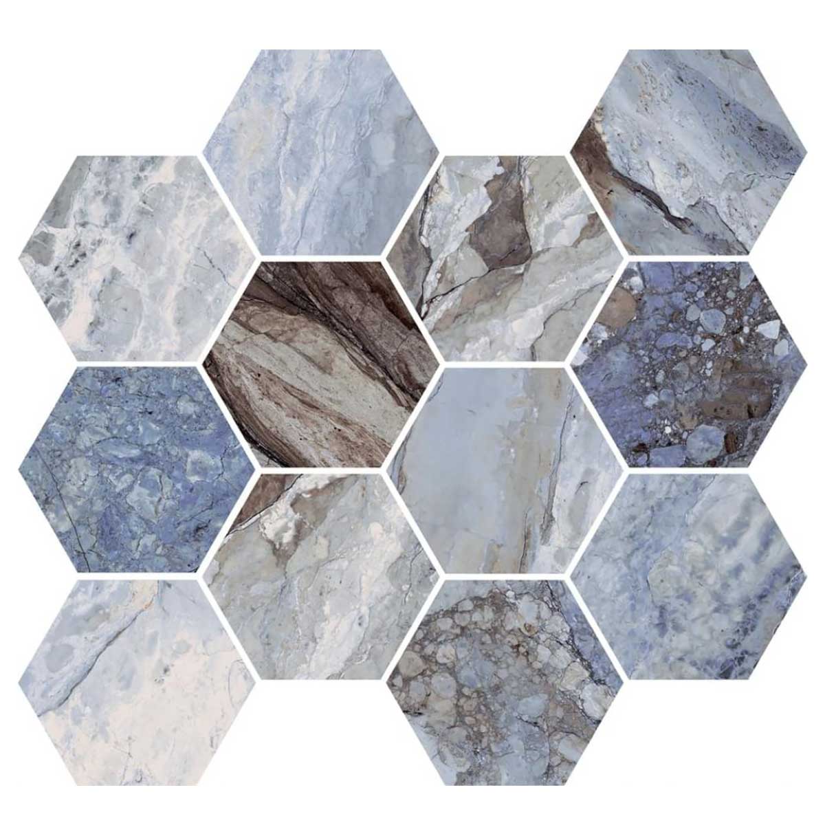 Ocean 4x4 polished porcelain hexagon mosaic tile 12x13.5 sheet