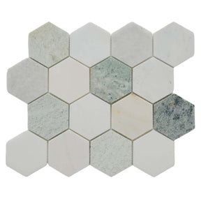 Mist Green and White Calacatta marble 3 inch hexagon mosaic tile