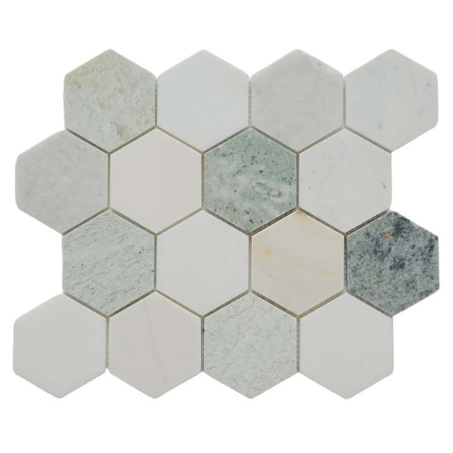 Green White Calacatta Marble Hexagon Mosaic Tile 3 x 3 Honed