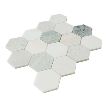 Green White Calacatta Marble Hexagon Mosaic Tile 3 x 3 Honed