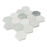Green White Calacatta Marble Hexagon Mosaic Tile 3 x 3 Honed