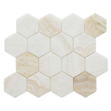 Onyx Ivory Hexagon Mosaic Tile 3" x 3" Honed Marble Sheet