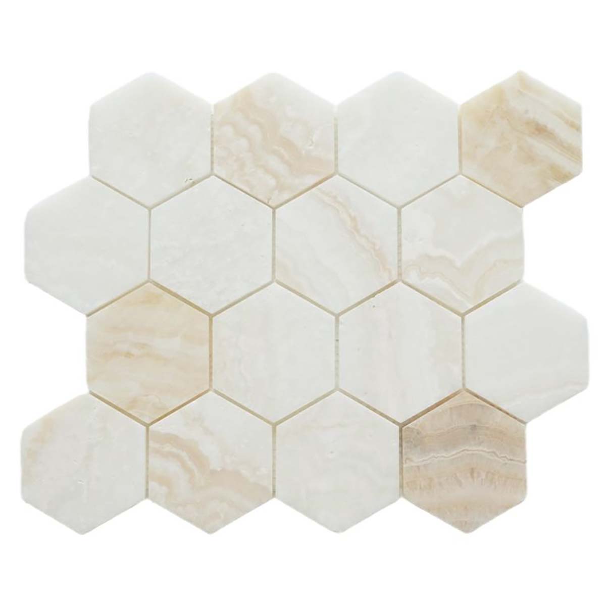 Onyx Ivory Hexagon Mosaic Tile 3" x 3" Honed Marble Sheet