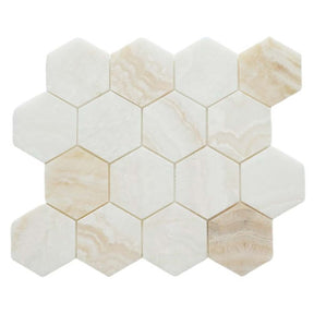 Onyx Ivory hexagon mosaic tile with honed natural stone finish