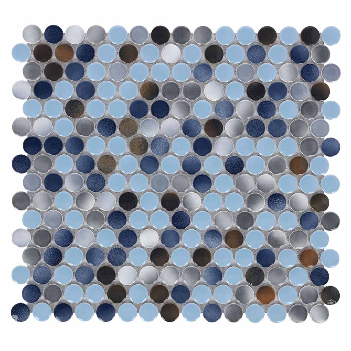 Mosaic Handmade Porcelain Penny Round - Blue Grey Brown
