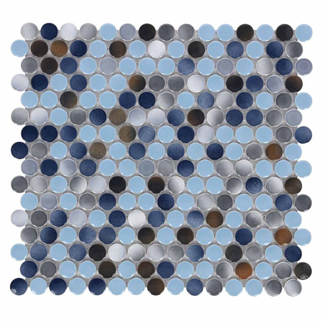Mosaic Handmade Porcelain Penny Round - Blue Grey Brown