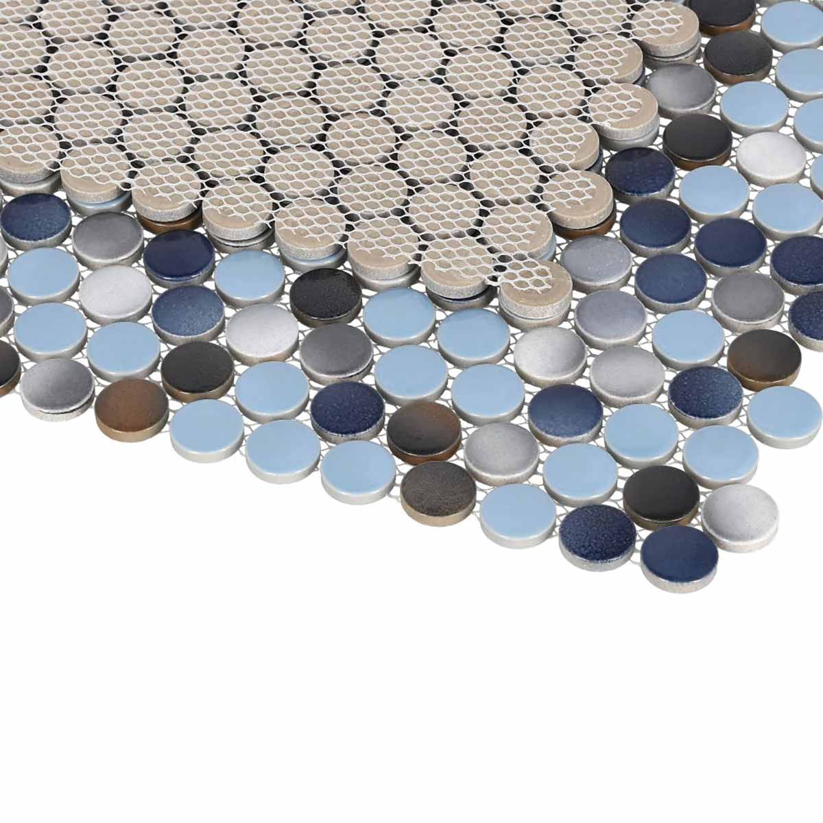 Mosaic Handmade Porcelain Penny Round - Blue Grey Brown