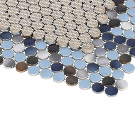 Mosaic Handmade Porcelain Penny Round - Blue Grey Brown