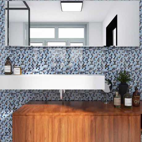 Mosaic Handmade Porcelain Penny Round - Blue Grey Brown