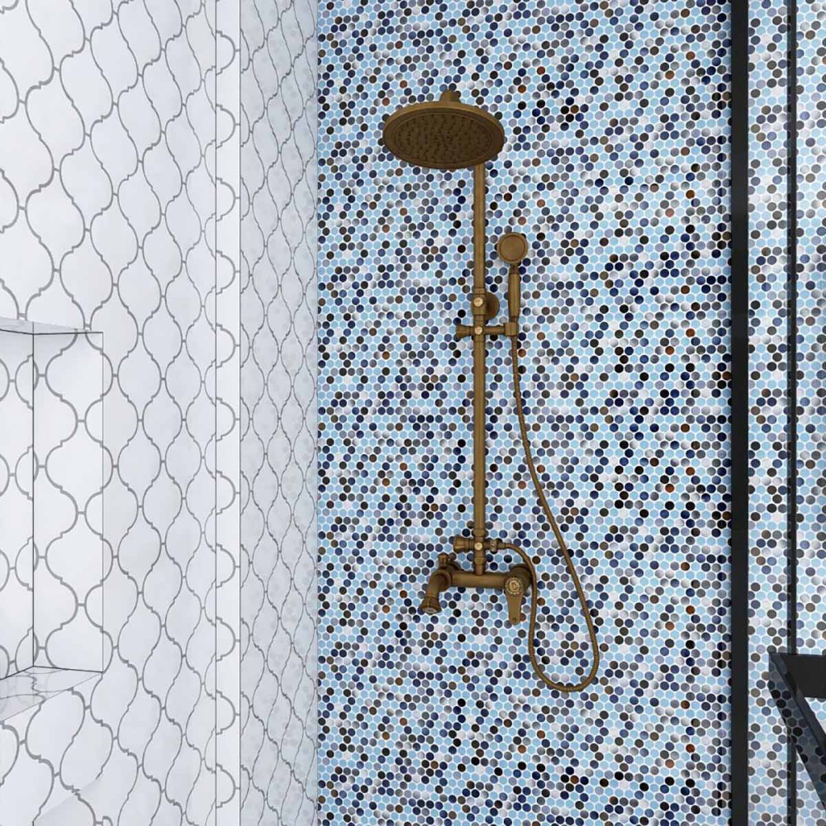 Mosaic Handmade Porcelain Penny Round - Blue Grey Brown