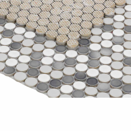 Mosaic Handmade Porcelain Penny Round - Mix Grey Glossy